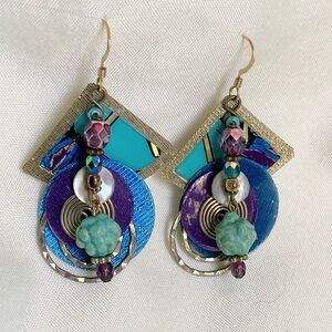Dangle Pierced Earrings Artisan Purple & Turquoise Laminated Fabric Gold Plated